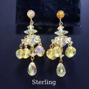 Vintage Yellow Crystal Chandelier Earrings Sterling Silver Clips, 1960s Vintage
